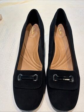 Clarks Black Suede Women's Loafers with Silver Bit Detail
